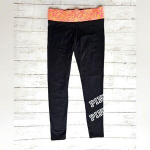 Victoria's Secret PINK Logo Black Orange Yoga Leggings Neon Waistband Zip Pocket